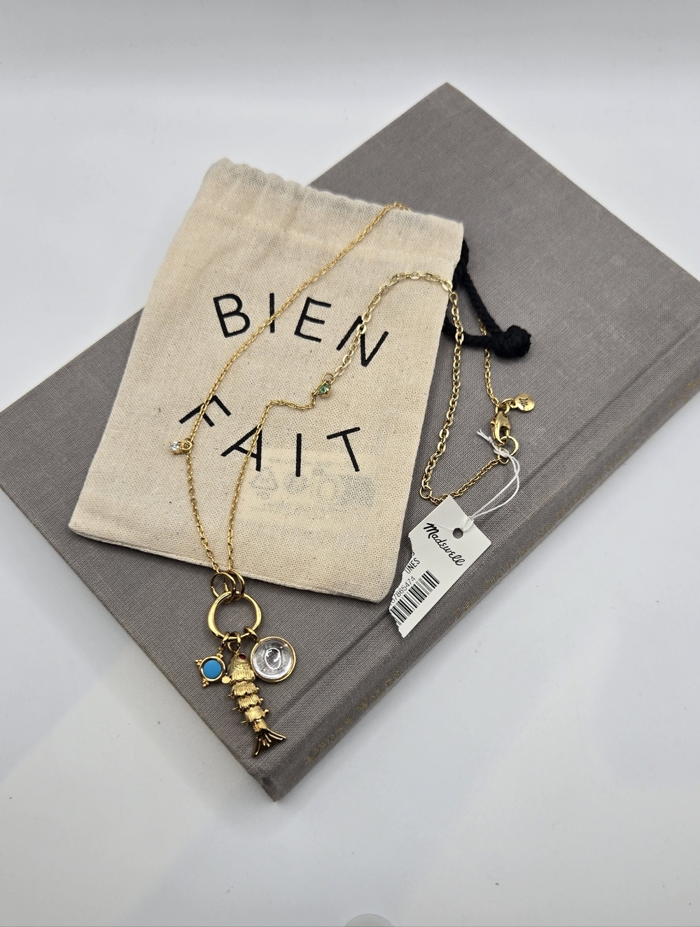 Madewell Fish Charm Necklace tiny CZ Charm Gold Dressy Vacation Aesthetic